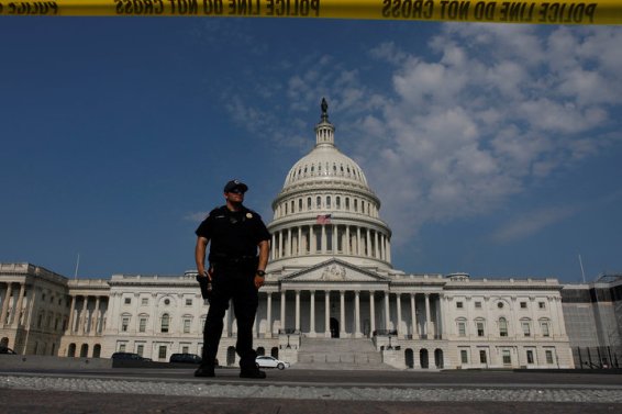 U.S. Capitol Police keep watch on Capitol Hill following a shooting in nearby Alexandria, in Washington